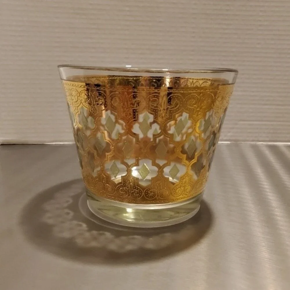 Vintage Culver Valencia 22K Gold Green Diamond Glass Ice Bucket MCM